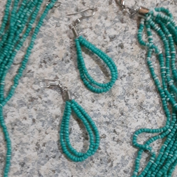 Necklace Earring Tiny Seed Bead Turquoise Color - Picture 4 of 5